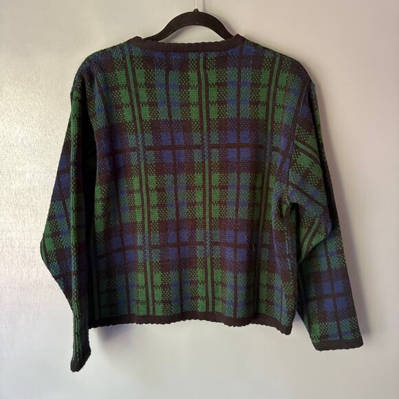 Vintage TALLY HO Women's Med Green Blue Plaid Tartan Wool Blend Cardigan Preppy - Picture 7 of 11